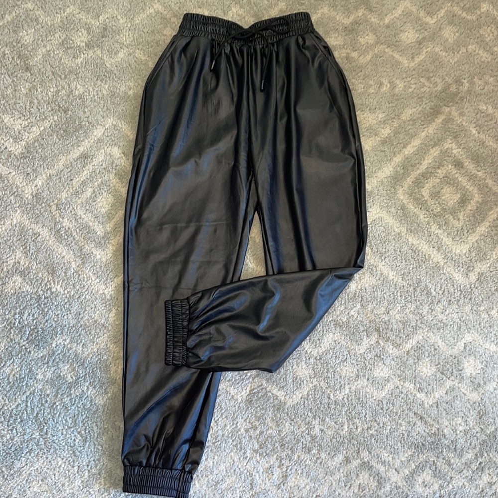 Faux leather black drawstring joggers size Medium